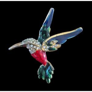 Vintage Colorful Hummingbird Pin Brooch Pave Rhinestone Enamel 2.5"